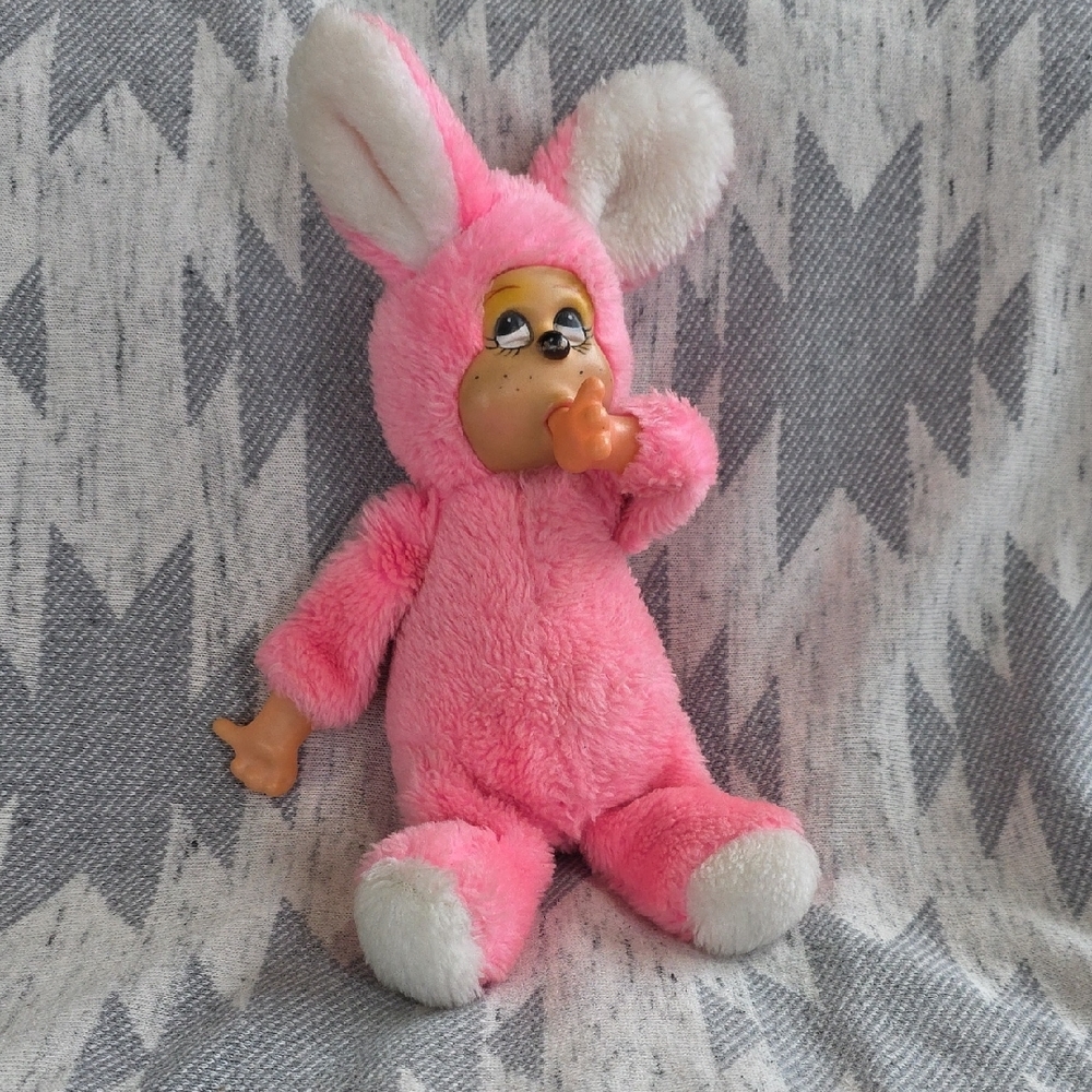 Vintage Bijou Pink Plush Rubber Face Thumb Sucking Bunny Stuffed Animal 50s-60s